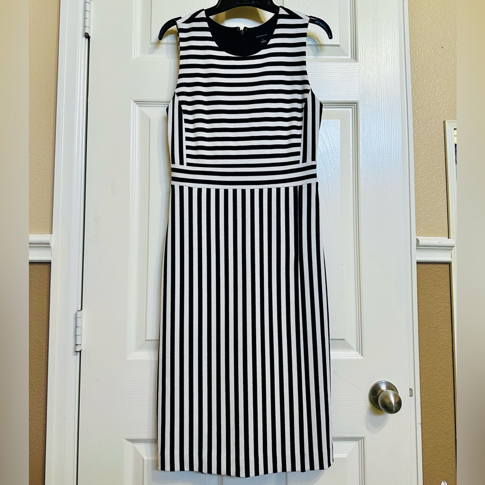 Sleeveless Black and White Striped Sheath Dress
